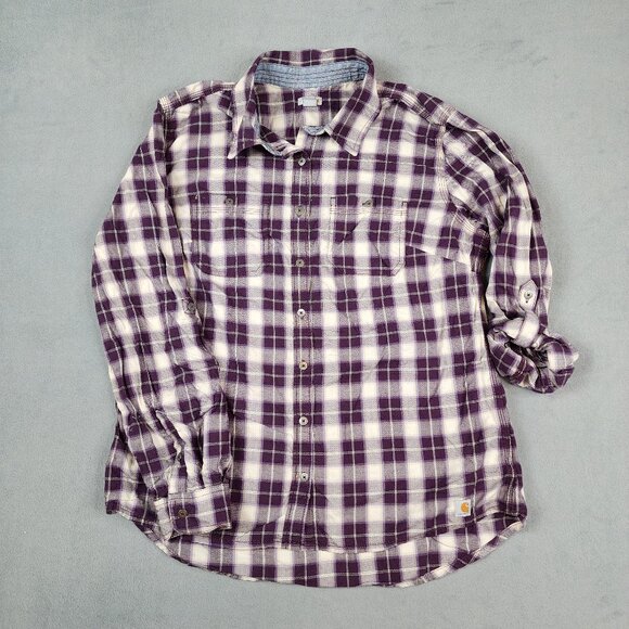 Carharrt Plaid Roll Tab Sleeve Button Up Shirt Womens Large 12-14 Purple - Picture 1 of 8